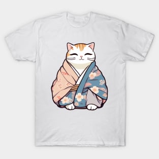 Cute Cat in a Japanese Kimono T-Shirt